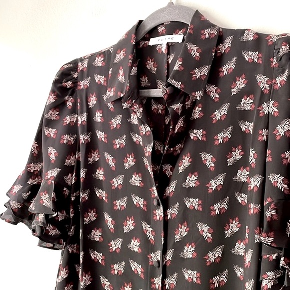 FRAME Silk Floral Print Button Front Ruffle Sleeve Shirtdress in Noir Multi - Picture 6 of 10